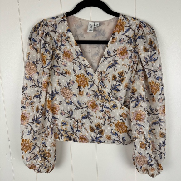 Joie Faux-Wrap Cropped Floral Top Smocked Sheer Sleeves Cream Orange Boho Print - Picture 1 of 12